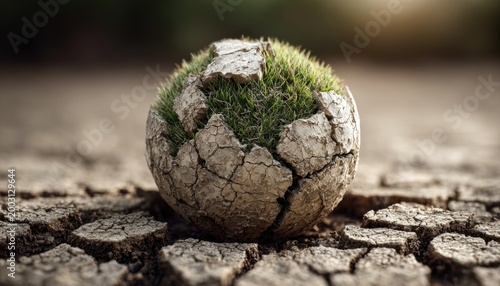 Earth globe emerging from cracked dry soil transitioning into green grass, climate restoration metaphor