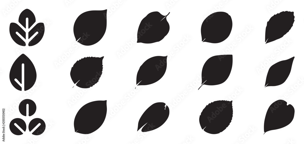 Fototapeta premium Set of black leaf silhouettes, minimalist plant icons for nature design. vector illustration eps 10