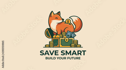 Photos This engaging illustration features a clever fox sitting atop a treasure chest filled with coins and cash, symbolizing financial wisdom and the importance of saving for the future
