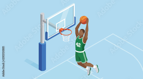 An inspired illustration capturing a basketball player mid-dunk, radiating energy and determination, reflecting the spirit of sports, competition, and athleticism in a vibrant colorful setting.