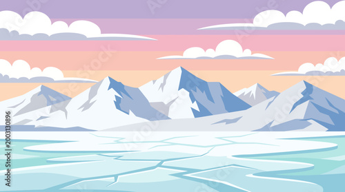 A stunning depiction of majestic mountains at dusk, featuring a colorful gradient sky and reflective icy landscape, creating a tranquil and peaceful atmosphere for viewers.