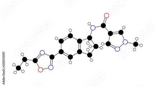 Photos aficamten molecule, structural chemical formula, ball-and-stick model, isolated