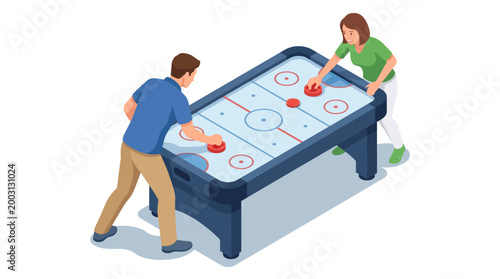 This image features an engaging scene of two players actively competing in an air hockey game, capturing the excitement and fun that come with this popular arcade sport.