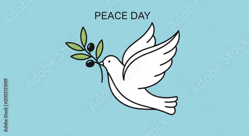 Peace day dove flying with olive branch on light blue background symbolizing harmony and tranquility