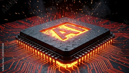 Dynamic representation of an Artificial Intelligence microchip at its core, glowing with fiery energy, symbolizing the future of advanced computing and intelligent systems