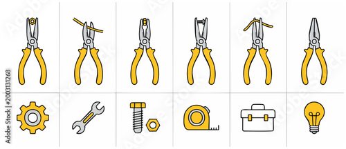 Pliers and hand tools set icons for construction, maintenance, and hardware repair. Flat vector collection of engineering equipment, wrench, gear, nut, bolt, measuring tape, and toolbox for DIY projec
