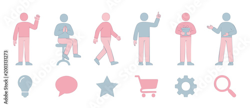 People silhouettes set with business icons in flat vector style for presentation and user interface design including walking sitting waving and gifting poses with infographic elements for web graphic
