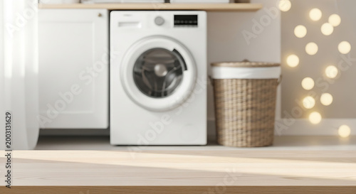 Empty wooden table top mockup for product placement with a blurred laundry room background featuring a modern washing machine and wicker basket in soft natural light