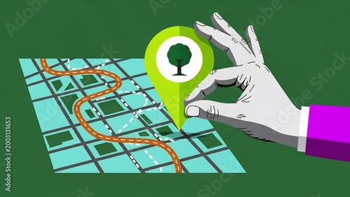 Hand holding a map marker with a tree icon at a location on a stylized map, representing navigation and location services
