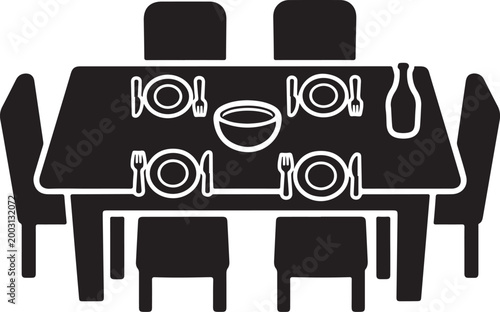 Dining Table, Restaurant Setting, Black Icon, Vector Illustration