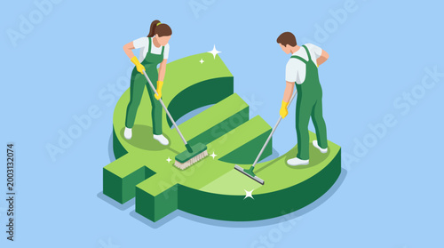 Two diligent workers are seen cleaning a large Euro symbol, representing the importance of maintenance and care for economic symbols and financial environments.
