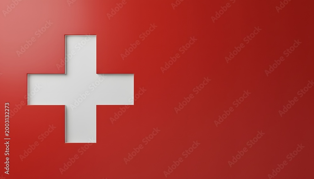 Fototapeta premium A bold white cross symbol cutout on a vibrant red background representing national identity or a graphic emblem