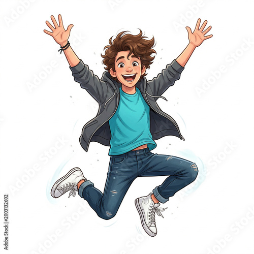 Happy young boy jumping for joy in a cartoon illustration