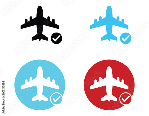 Flight confirmation and approval icon set, modern vector illustration with airplane, checkmark buttons, verified badges, and booking approval symbols for travel apps, websites, and transportation.