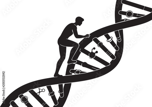 Black silhouette of a person climbing a DNA double helix, conceptual illustration of genetic research, biotechnology, and human evolution