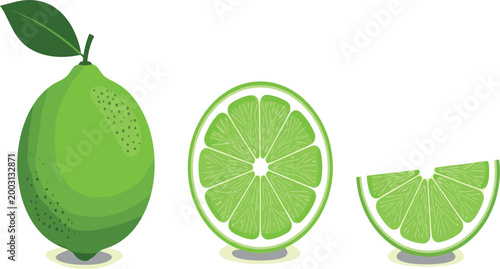Fresh Lime Fruit Vector Set with Whole Lime Slice and Half Citrus Pieces in Bright Green Flat Design Style for Food Illustration