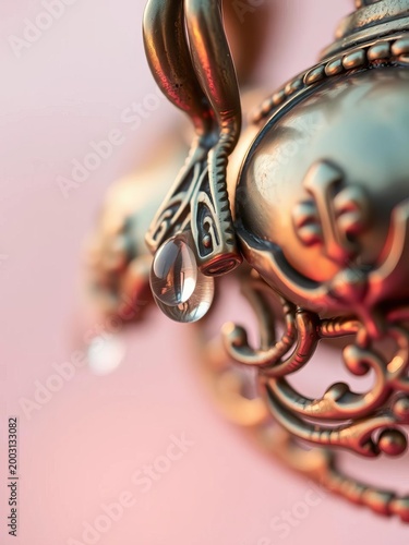 Soft focus dew drops cling to aged brass accents, reflecting muted hues of rose and mint Intricate filigree magnified ,  pastel,  elegant