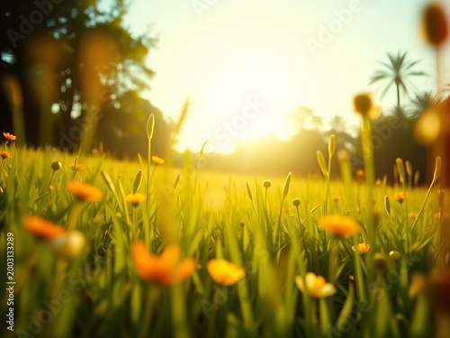 Sun-drenched meadows blur in faded film glory, a tilted vista embracing the bloom,  impressionistic,  tranquil