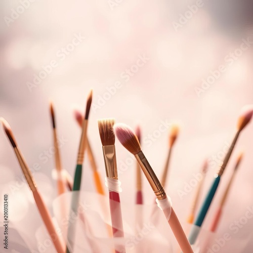 Whimsical paintbrushes dancing in a hazy pastel wash, sparking creative muses,  playful,  creativity