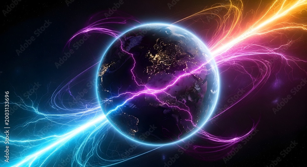 Fototapeta premium Abstract energy flow and lightning around planet earth in space
