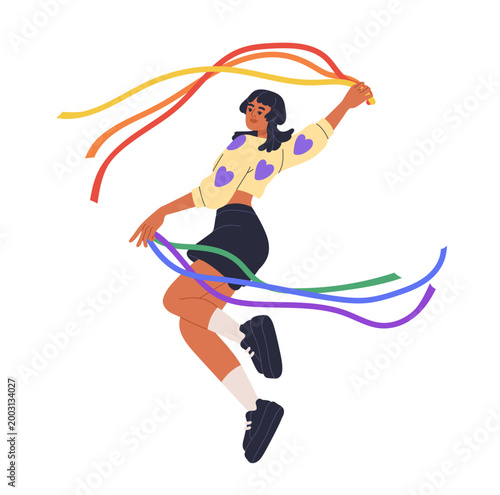 Young woman dancing with dynamic rainbow colored ribbons for Pride Month celebration. Happy lesbian girl celebrating LGBTQ with colorful symbols. Flat vector illustration isolated on white background.