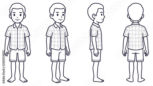 Child character design template showing front and profile views for animation in black line.