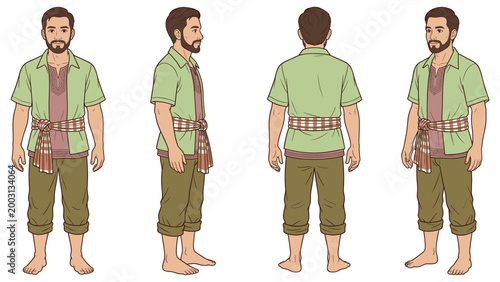 Middle aged man with beard in traditional southeast asian attire character turnaround views.
