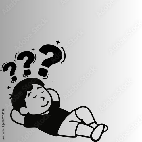 "Relaxed Young Boy Character Lying Down with Question Marks Above Head"