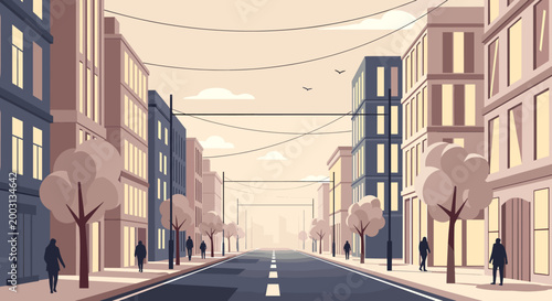 Photos A stylized illustration of a city street with tall buildings, trees, power lines, and silhouetted people walking, receding into a hazy distance