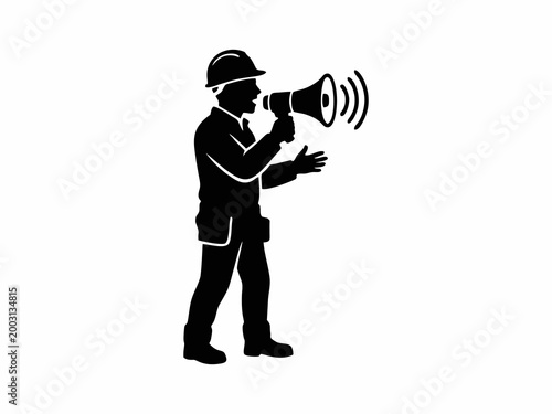 Construction Worker with Megaphone Silhouette Isolated on White Background