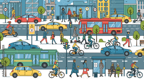 Schilderij op canvas A vibrant and detailed illustration of a bustling city street with diverse people, vehicles, and urban infrastructure