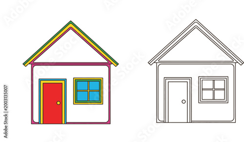 Simple house illustration set featuring a colorful version and a black and white line art outline for kids' coloring book, architectural home icon vector design on white background.