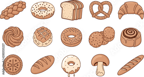 Baked Goods Vector Set with Bread, Donuts, Pretzels, Croissants, Cookies, and Pastries in Warm Brown Tones for Bakery Illustrations