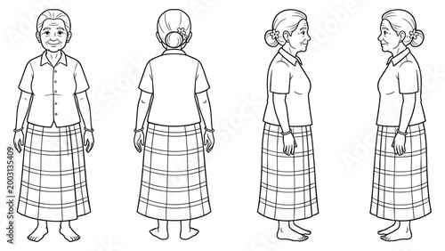 Smiling senior woman in collared shirt and plaid skirt, multiple views, happy elderly person.