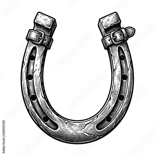 Horseshoe with nails and metal fasteners on white background, symbolizing good luck and protection