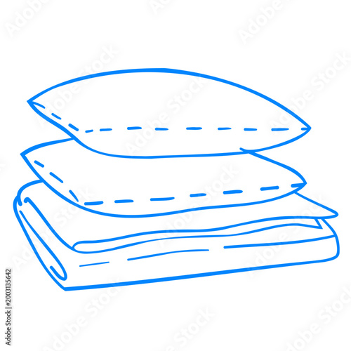 A folded bed linen set. Two pillows with a sheet. Home textiles and comfort. Hand-drawn line art, doodle vector graphics. Flat isolated icon in a Mediterranean blue style.