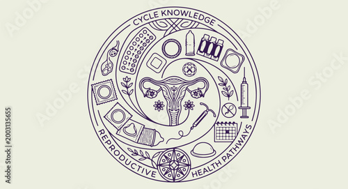 Female reproductive system and medical symbols, reproductive health and wellness cycle illustration, gynecological care and medical equipment doodle, women health awareness line art design, menstrual 