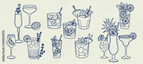 Assorted summer cocktails and party drinks, tropical beverage collection hand drawn doodle, bar drinks with fruit and garnish, refreshing alcoholic drinks line art set, minimalist beverage icons for m