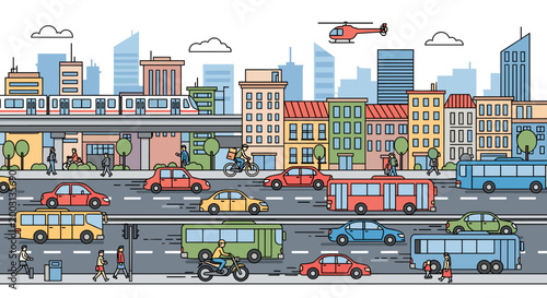 Fotografía A vibrant and detailed illustration of a bustling city street with diverse transportation, numerous buildings, and active people under a clear sky