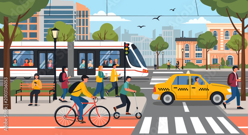 Photos Vibrant city life illustration featuring diverse modes of transport like trams, taxis, bicycles, scooters, and numerous pedestrians on a busy street