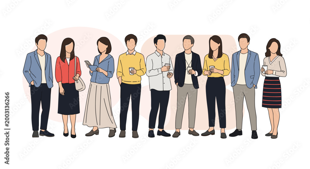 Obraz premium Large diverse group of men and women standing in a line, dressed in casual and professional attire for a community scene.