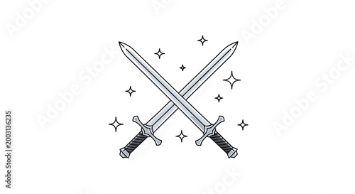 Two crossed knight swords with shiny steel blades and black handles, surrounded by sparkles on a clean white background.