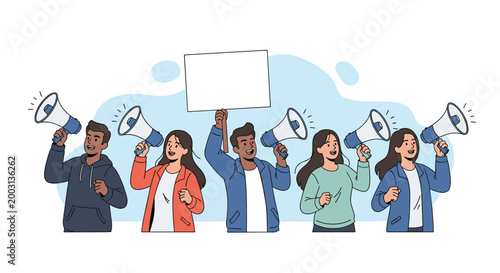 Diverse group of protesters shouting through megaphones and holding up a blank white sign for a custom message demonstration.