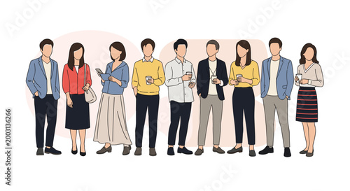 Large diverse group of men and women standing in a line, dressed in casual and professional attire for a community scene.