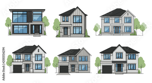 Set of six various modern suburban house designs with trees and landscape, showcasing different architectural exterior styles.