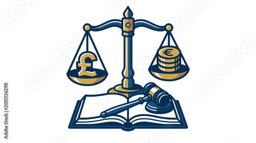 This striking illustration depicts the scales of justice and a gavel on a law book, representing the core principles of fairness and the legal profession.