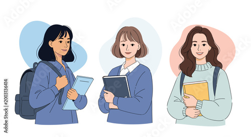 Group of diverse female students standing together while carrying backpacks and holding notebooks, representing education and diversity.