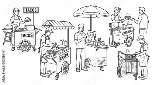 Line art of food vendors and stalls selling crepes, tacos, and hot dogs.