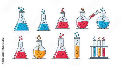 Laboratory glassware collection featuring flasks and test tubes filled with colorful bubbling liquids for science and chemistry concepts.