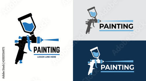 A sleek and modern logo design for a painting business, showcasing an artistic spray gun with vibrant colors that convey creativity, professionalism, and quality service.